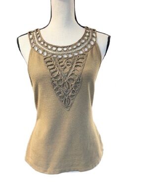 Anthropologie 9-H15 STCL Tank Top Medium Olive Cutwork Crochet Boho